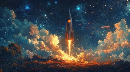 Fototapeta premium Rocket launch in vibrant night sky with stars and clouds