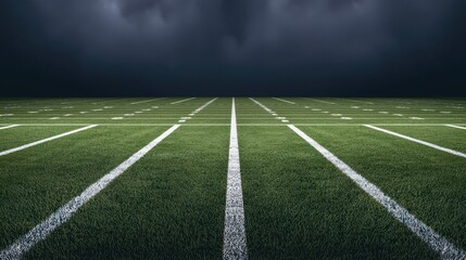 Dark Stormy Sky Over Lush Green Football Field with White Lines
