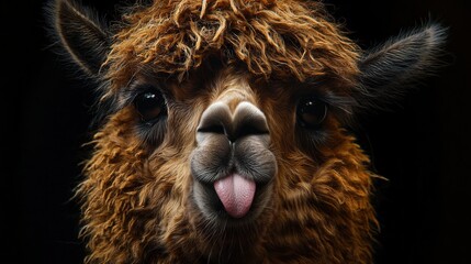 funny llama sticking out its tongue, fluffy fur with intricate texture, playful expression, ultra-realistic photography style, detailed close-up 