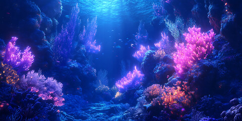 Fototapeta premium Deep-Sea Kingdom Glowing with Bioluminescence for Fantasy Branding