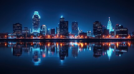 Naklejka premium Vibrant night skyline reflecting over water with bright city lights
