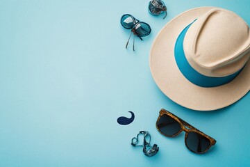 A breezy summer escape awaits, symbolized by a stylish straw hat, cool sunglasses, and playful...