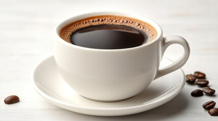 White cup of black coffee on saucer, coffee beans on white table