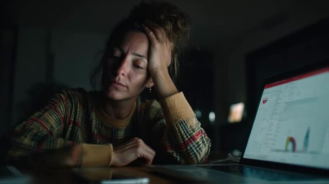 Stressed woman works late at night looking tired at laptop screen with graphs in dark room, facing deadline pressure or business challenges, symbolizing overwork, anxiety and remote work burnout