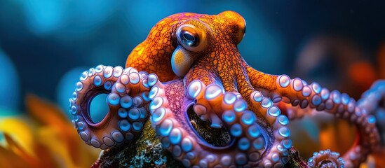 Vibrant octopus on reef, ocean background, underwater wildlife