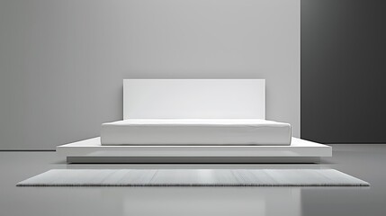 A minimalist white platform bed in a modern bedroom setting.