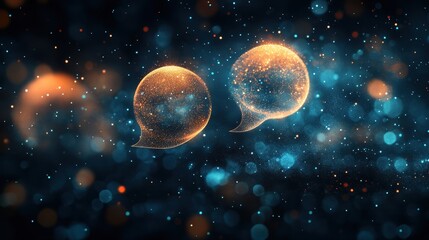 Fototapeta premium Glowing speech bubbles amidst magical blue and orange bokeh particles