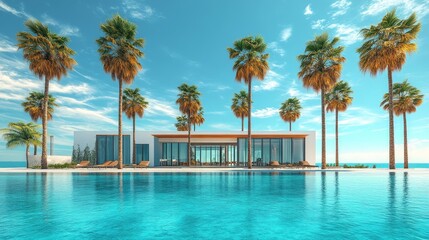 Fototapeta premium Luxurious modern house with a pool surrounded by palm trees on a sunny day near the sea