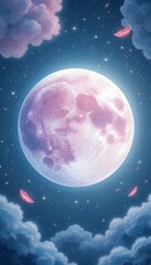 Obraz premium Enchanted Night Sky: Pink Moonlit Dreamscape with Falling Petals