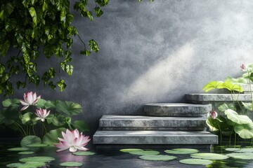 Zen garden stone steps with lotus flowers