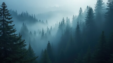 Fototapeta premium Misty forest landscape with towering evergreen trees.