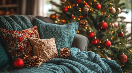 Cozy Christmas living room scene with decorated tree