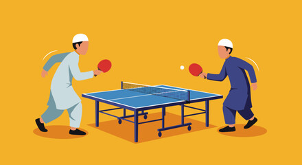 Two Men Playing Table Tennis Vector Illustration With Pixelated Figures and Yellow Background