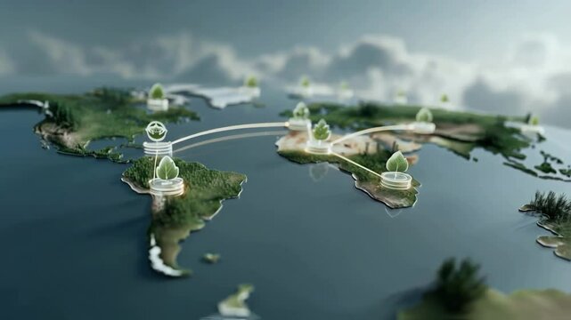 World map features green leaf icons connected by glowing lines across continents, illustrating global networks, sustainable connections and international environmental collaboration concepts