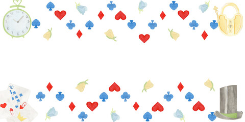 Template invitation or cards made watercolor mad tea party from Alice in wonderland: top hat, clock, key, lock, playing cards. For birthday greetings and flyers and packages of children's goods.