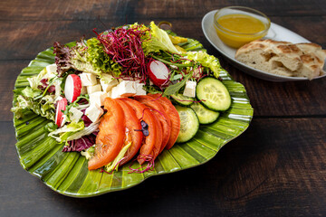 Mixed salad plate with tomatoes, onions, hummus, and greens.