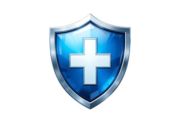 Obraz premium Medical shield icon with cross in the center, glossy blue and white design, transparent background