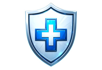 Fototapeta premium Medical shield icon with cross in the center, glossy blue and white design, transparent background
