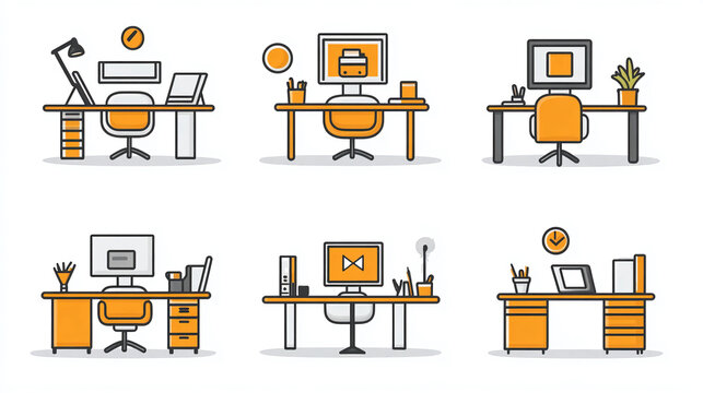 Office desk setup ideas for home office design and workspace inspiration with computer and chair layouts