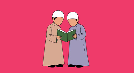 Two Young Males Reading Green Book Together Against Solid Pink Background In Vector Illustration