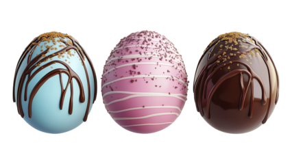 Luxurious chocolate Easter eggs with pastel and dark chocolate coatings, isolated on white background