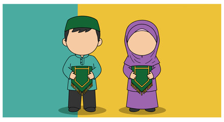 Fototapeta premium Vector Illustration Of A Moslem Couple Holding Green Prayer Mats With Teal And Yellow Background