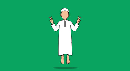 Vector Illustration of a Muslim Man with Upraised Hands in a Peace Gesture against a Green Background