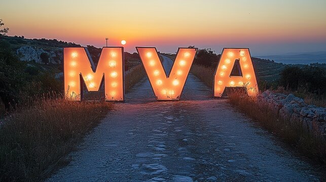 Sunset over MVA illuminated letters on a countryside road
