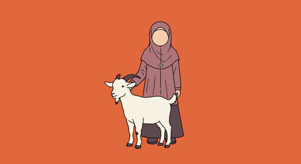 Obraz premium Vector Illustration Of A Woman In Brown Dress And Hijab Holding A White Goat Against An Orange Background