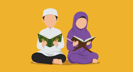 Vector Illustration of Moslem Boy and Girl Reading Holy Book with Yellow Background