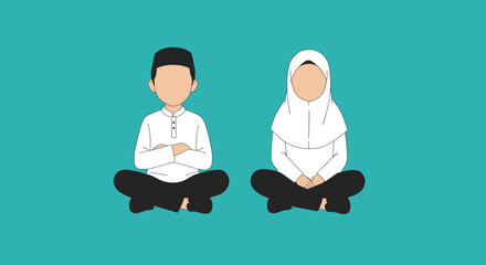 Vector Illustration of Moslem Couple Sitting Cross Legged in White Attire on Teal Background