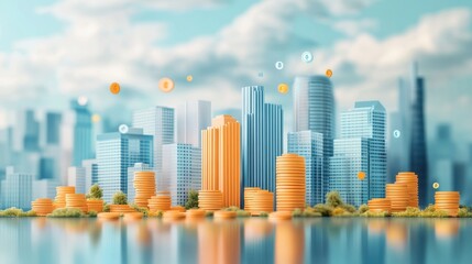 Futuristic skyline with floating coins illustrating cryptocurrency in urban landscapes
