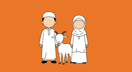 Vector Illustration Of Moslem Family With White Goat In Orange Background Celebrating Eid Al Adha