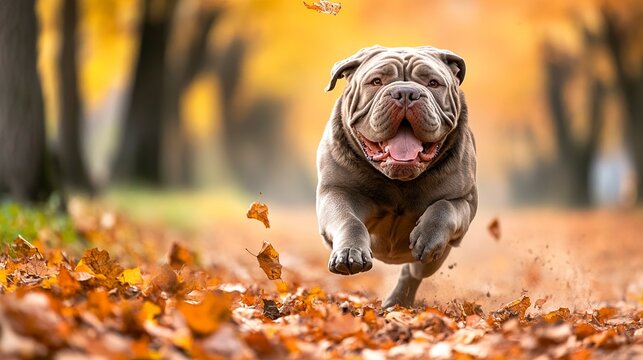 Majestic Alapaha Blue Blood Bulldog Running Through Autumn Leaves