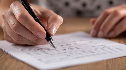 Fototapeta premium Female hand completing a form with a pen on a wooden desk