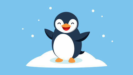 Fototapeta premium Snowy Celebration A delighted penguin standing on a small snowbank its head tilted back and mouth open in a hearty laugh. The penguins flippers are raised above its head and small