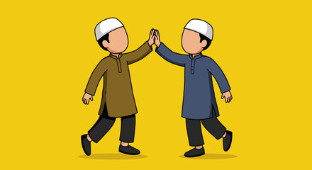Vector Illustration Of Two Young Muslim Boys High Fiving Each Other In Front Of Yellow Background