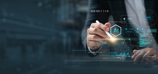 AI Artificial intelligence, Businessmen use AI technology to analyze computer data with digital brains to solve work problems, processing, Internet of Things management, IoT, business intelligence.