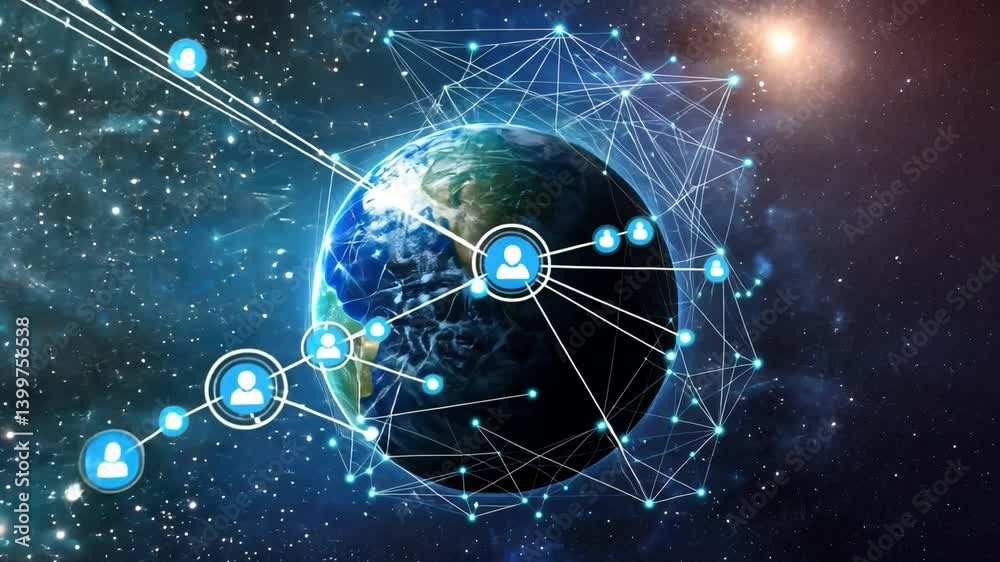 Poster global network: a visually stunning depiction of the earth encircled by interconnected nodes, symbol
