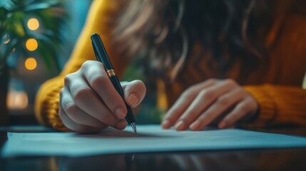 Female caucasian adult writing on paper with pen in cozy setting