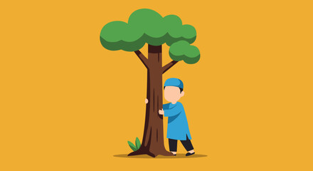 Young Muslim Boy Hugging Brown Tree Against Yellow Background in Pixel Vector Style
