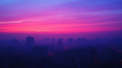 Fototapeta premium Stunning purple sunset over city skyline with vibrant horizon and silhouetted buildings