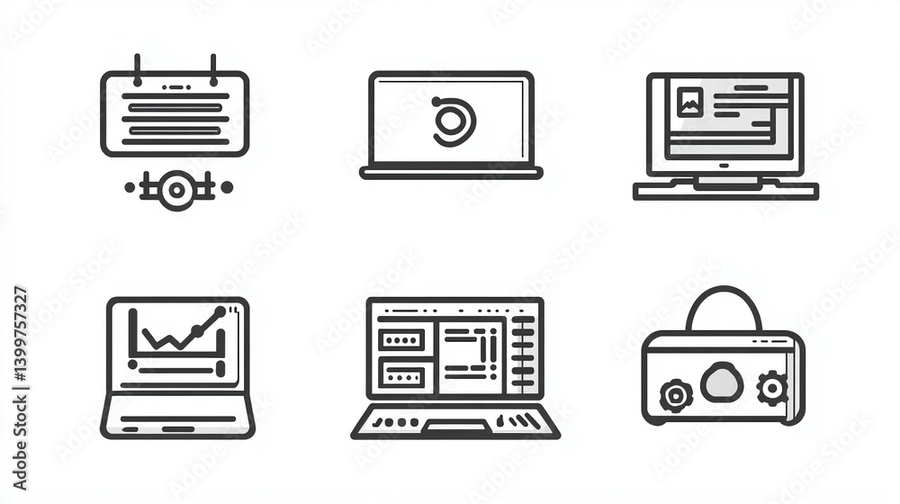 Poster vector icons of computer devices software and hardware for business and technology applications use