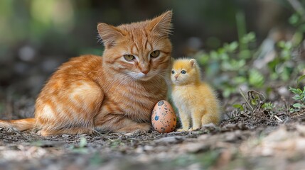 A ginger cat and a kitten with an easter egg.