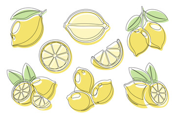 Lemon yellow continuous one line drawing icon set. Editable stroke. Outline lemon citrus collections isolated on a white background. Vector illustration