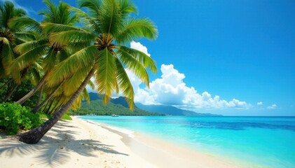 Obraz premium Lush palm trees leaning over white sand beach, Hawaii, photo, beautiful, tropical