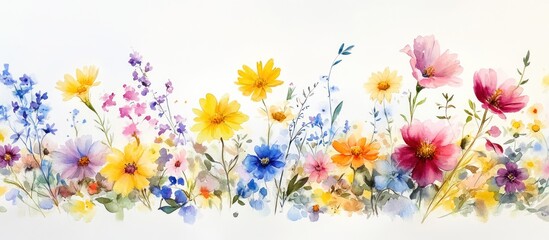 Watercolor wildflower meadow border; nature, spring