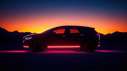 Electric SUV Silhouetted Against a Dramatic Sunset