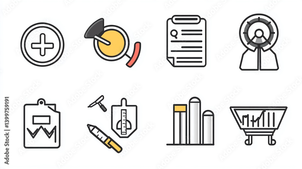 Poster icon set for business analytics data analysis and reporting with charts and graphs and plus sign sym
