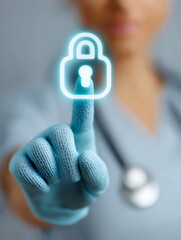 A healthcare professional in gloves touches a digital lock symbol, emphasizing security and privacy in medical settings.